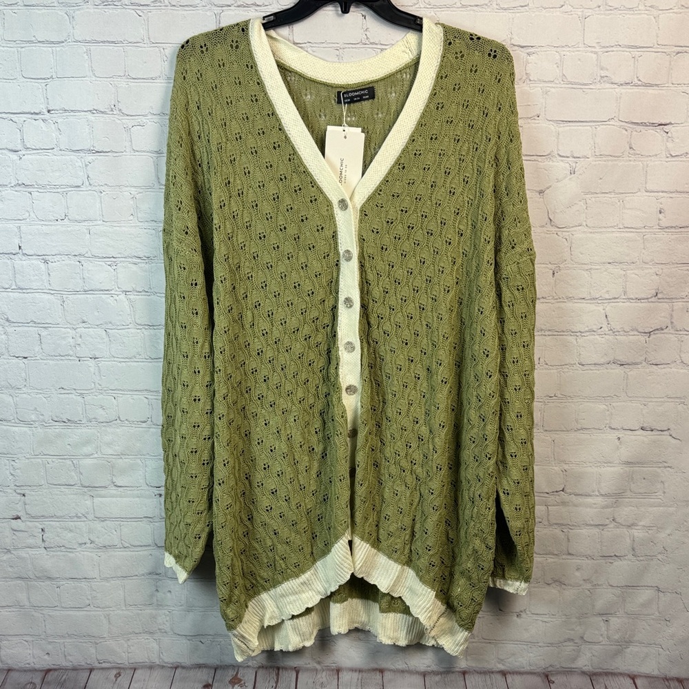 BloomChic Light Green Pointelle Cardigan Plus Size 6X 30 - Picture 2 of 7